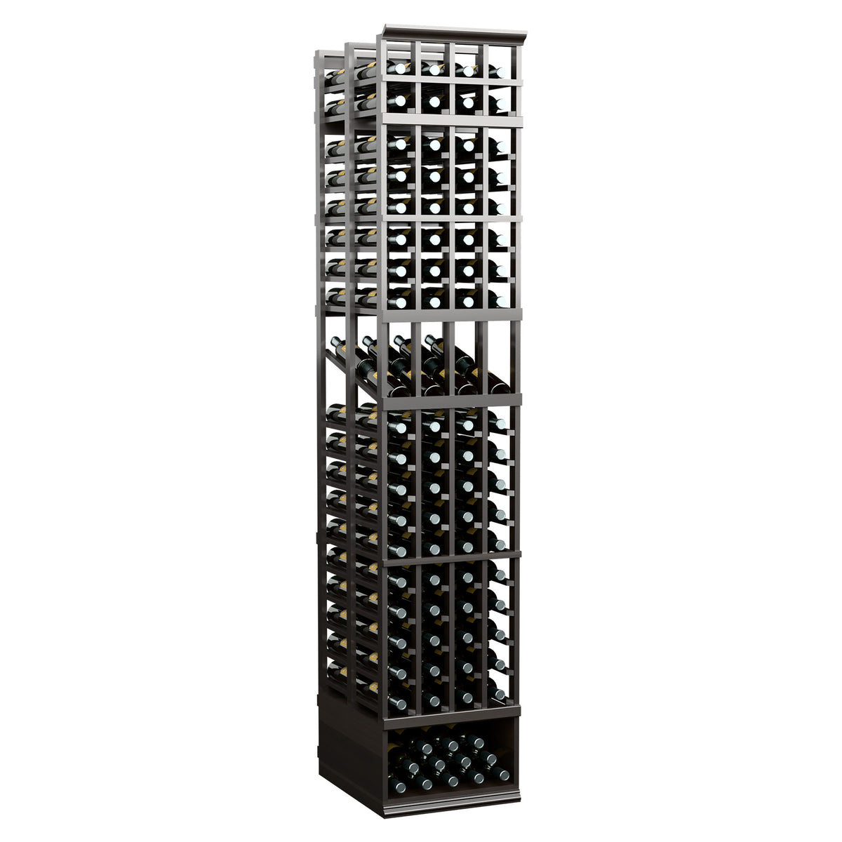 8 ft 4-column double-deep wine display rack with dark wood frame and double rows of bottles