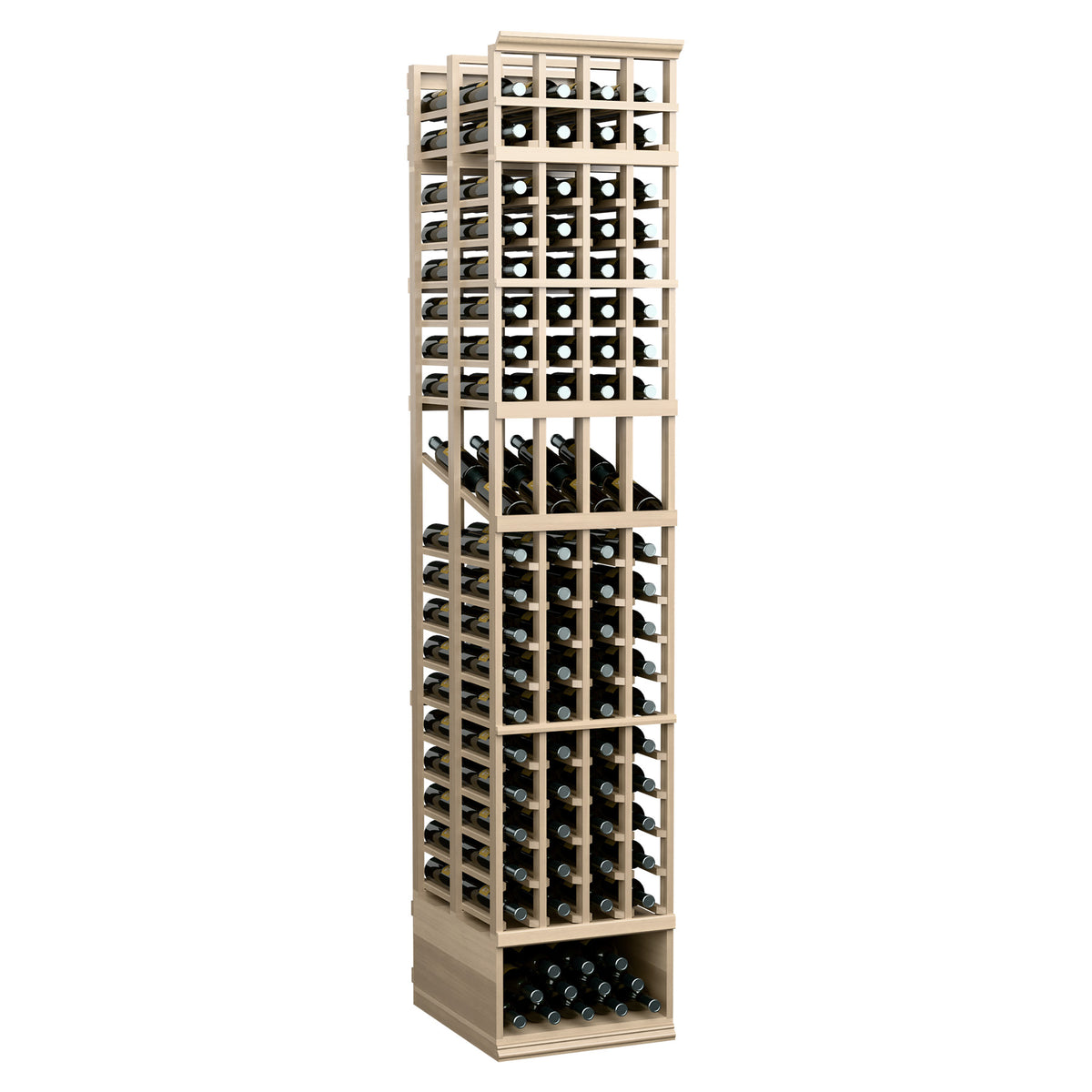 Light wood 4-column double-deep wine rack with stacked glass holders and bottle cubbies