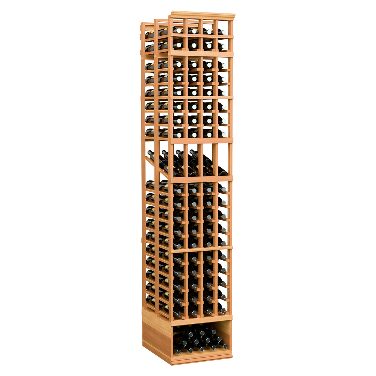 Warm orange wood 4-column double-deep wine display rack with glass and bottle slots