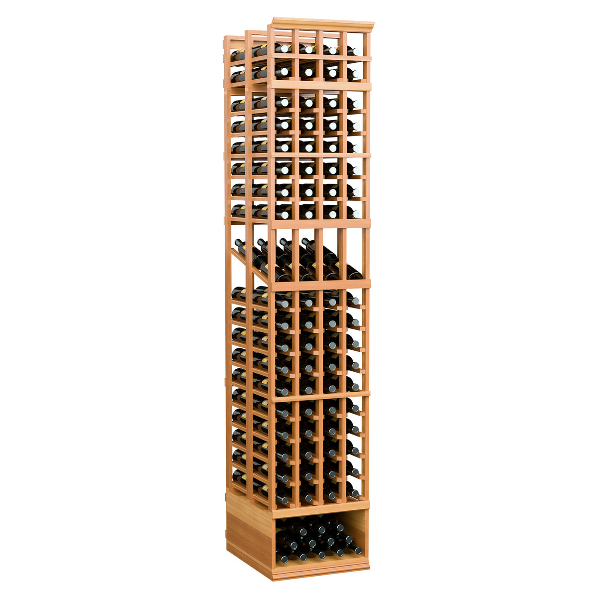 Warm orange wood 4-column double-deep wine rack with two deep bottle storage sections
