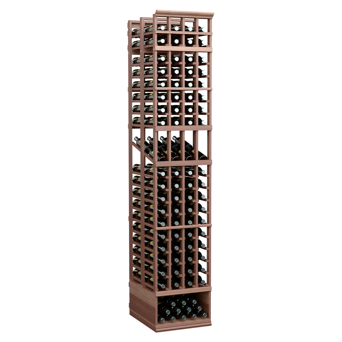 Dark wood 4-column double-deep wine display rack with glass and bottle storage rows