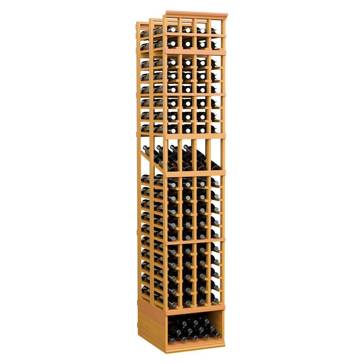 Honey-toned wood 4-column double-deep wine display rack with glass and bottle slots
