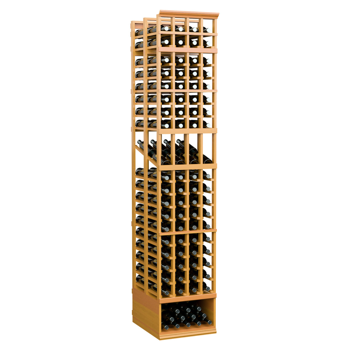 Honey-toned wood 4-column double-deep wine rack with two deep bottle storage compartments