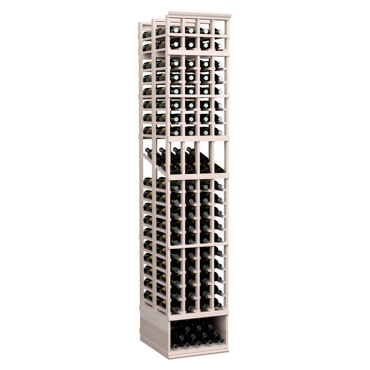 Light wood 4-column double-deep wine display rack with front glass and bottle openings