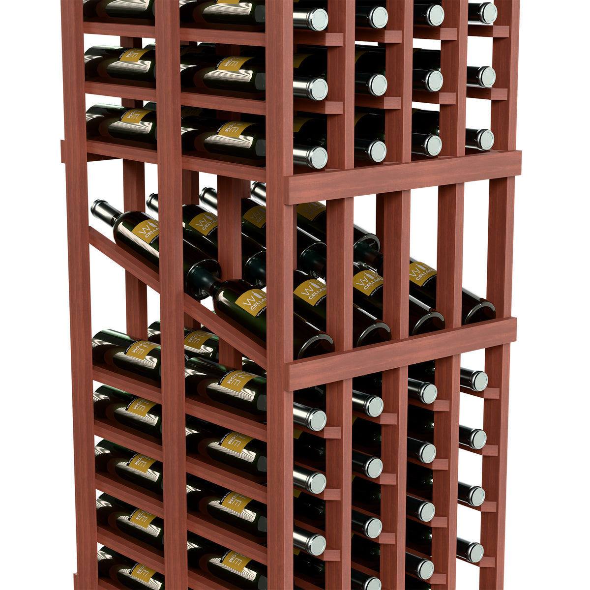 Close-up of red-brown wine rack displaying bottles in stacked wooden cubbies