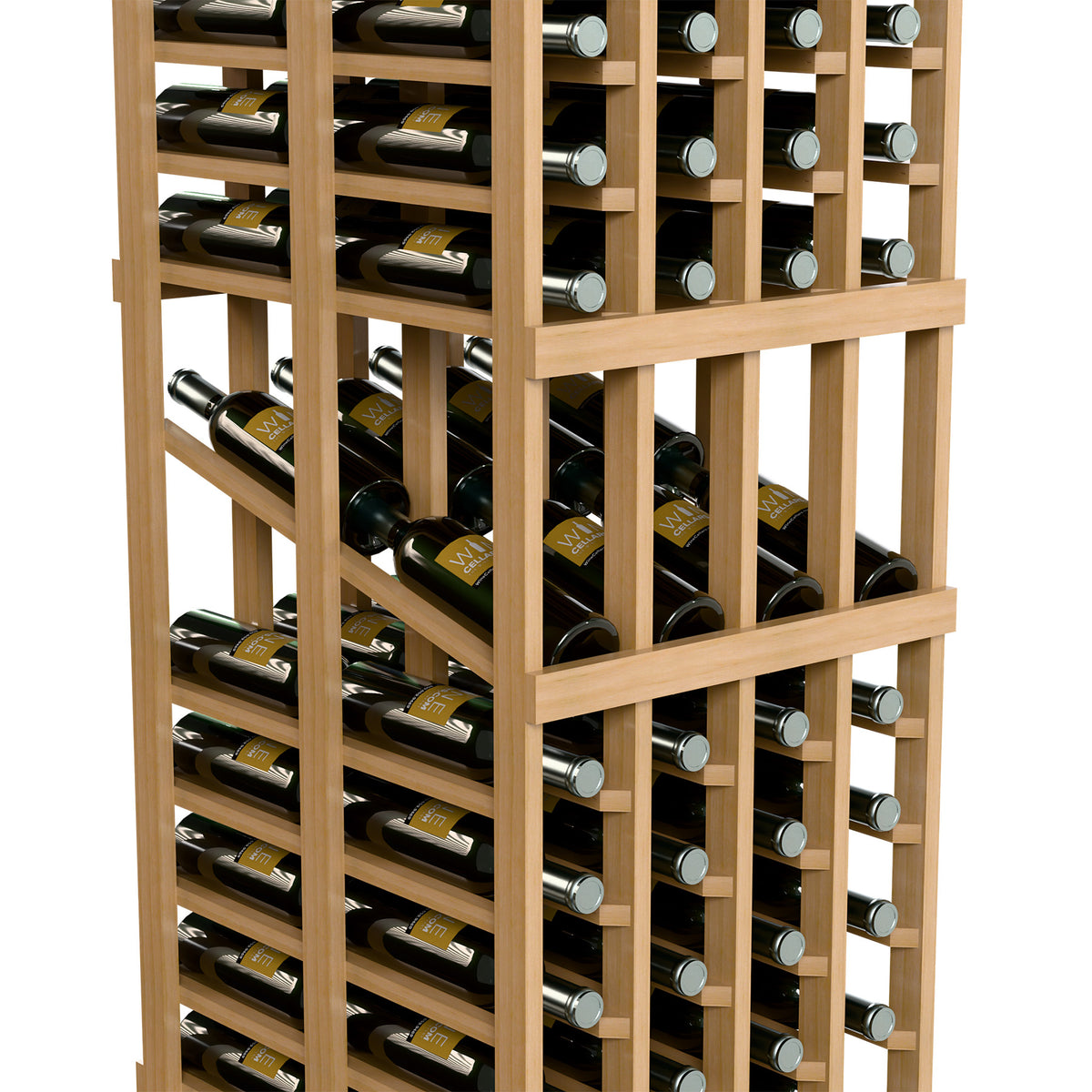 4-column double-deep wine display rack, close-up of bottle slots and dividers