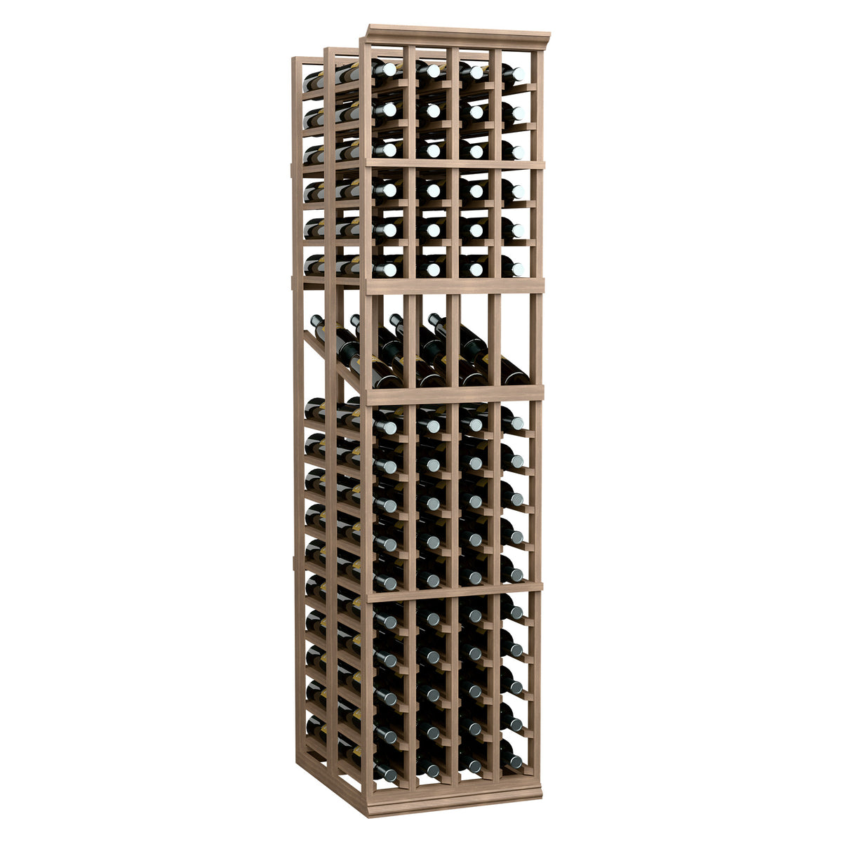 4-column double-deep wine display rack with front bottle rows in light wood frame