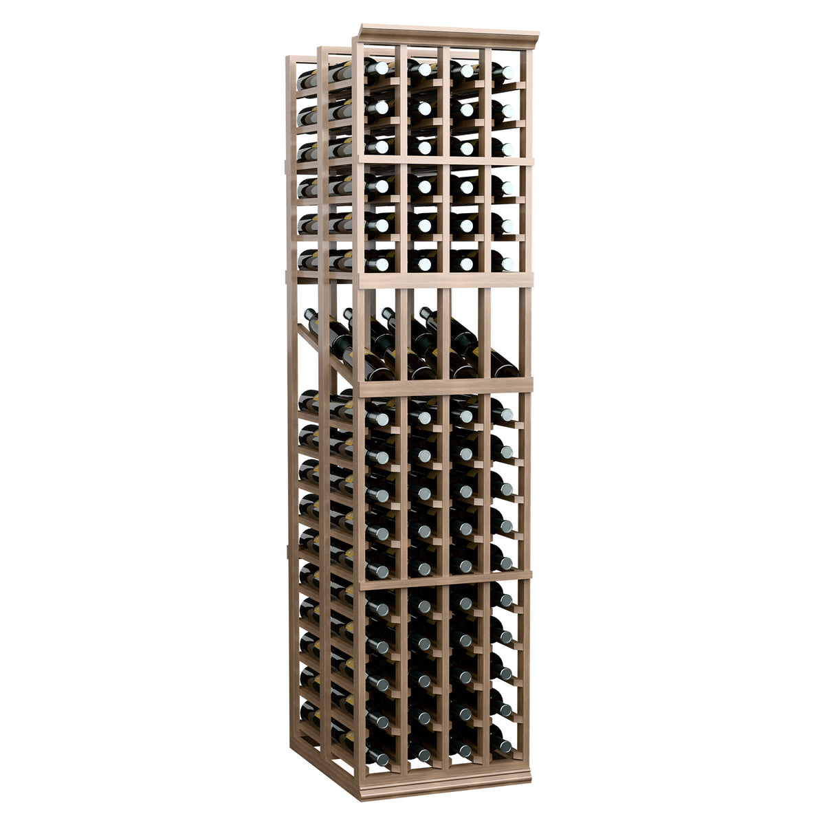 4-column double-deep wine display rack with top rows of bottles in light wood
