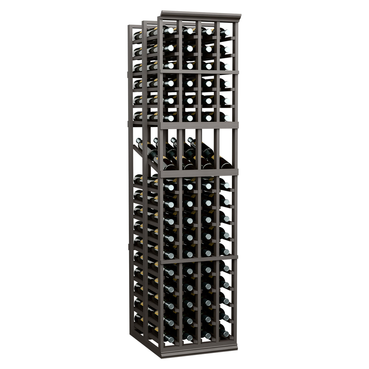 4-column double-deep wine display rack with front bottle rows in dark wood frame