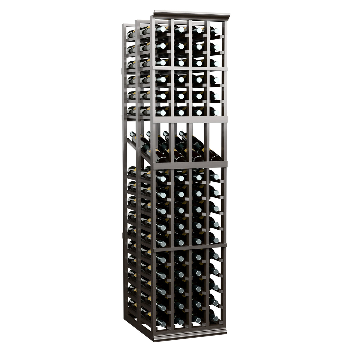 4-column double-deep wine display rack with top bottle rows in dark frame