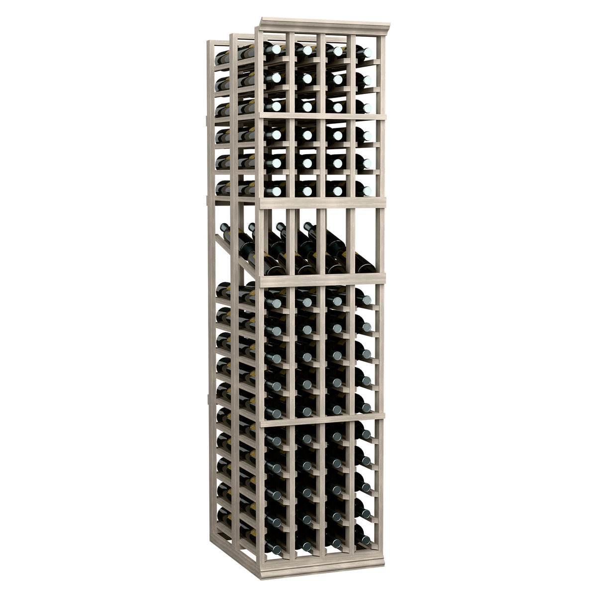 Wood wine display rack with 4 columns and glass bottle storage, front view.