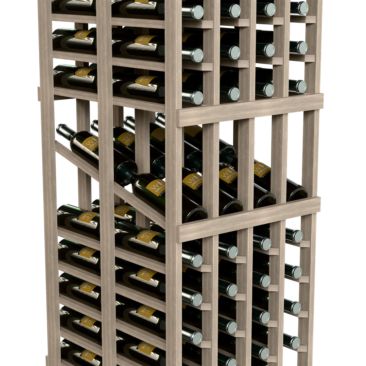 Wood wine rack with bottle slots and metal/cap placeholders, angled close-up view.