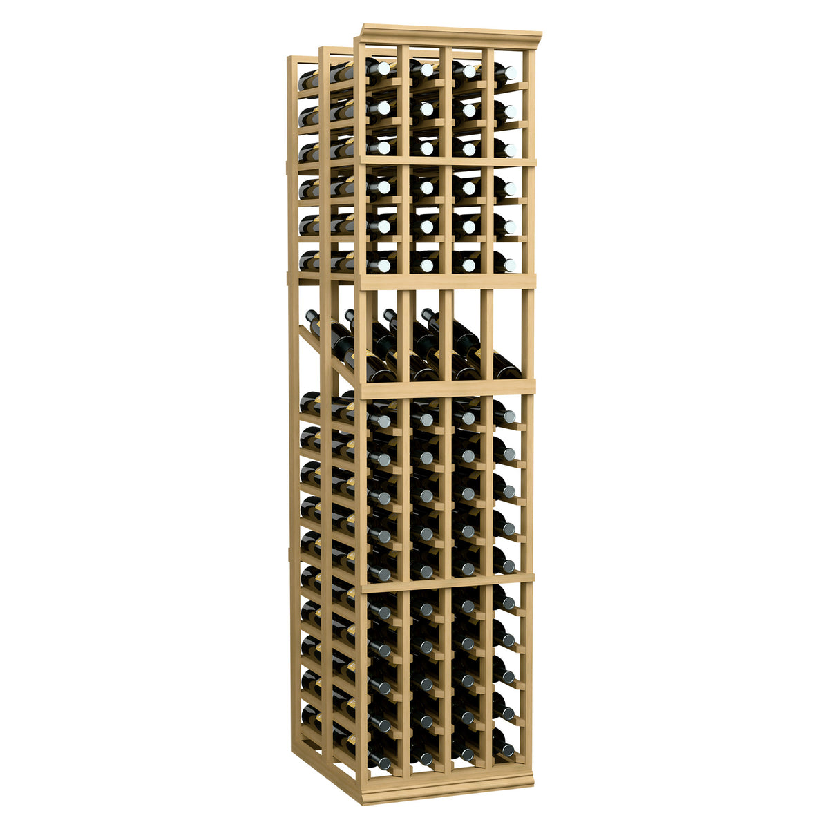 Light wood 4-column wine display rack with bottle storage, full front view.