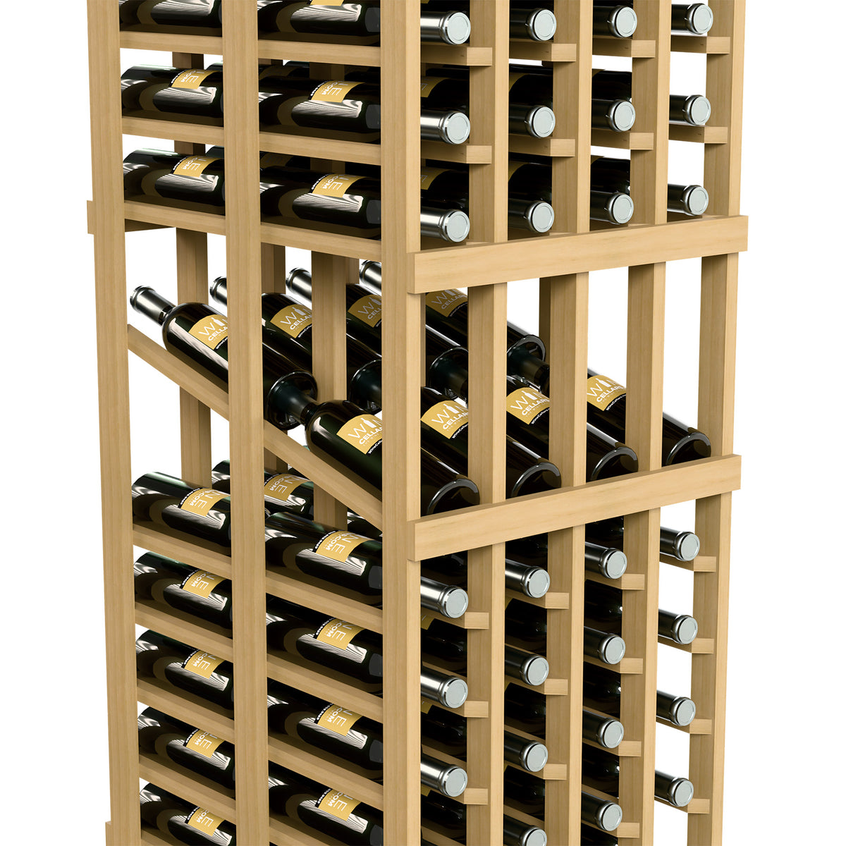 Light wood wine rack with multiple bottle rows and circular bottle ends, angled view.
