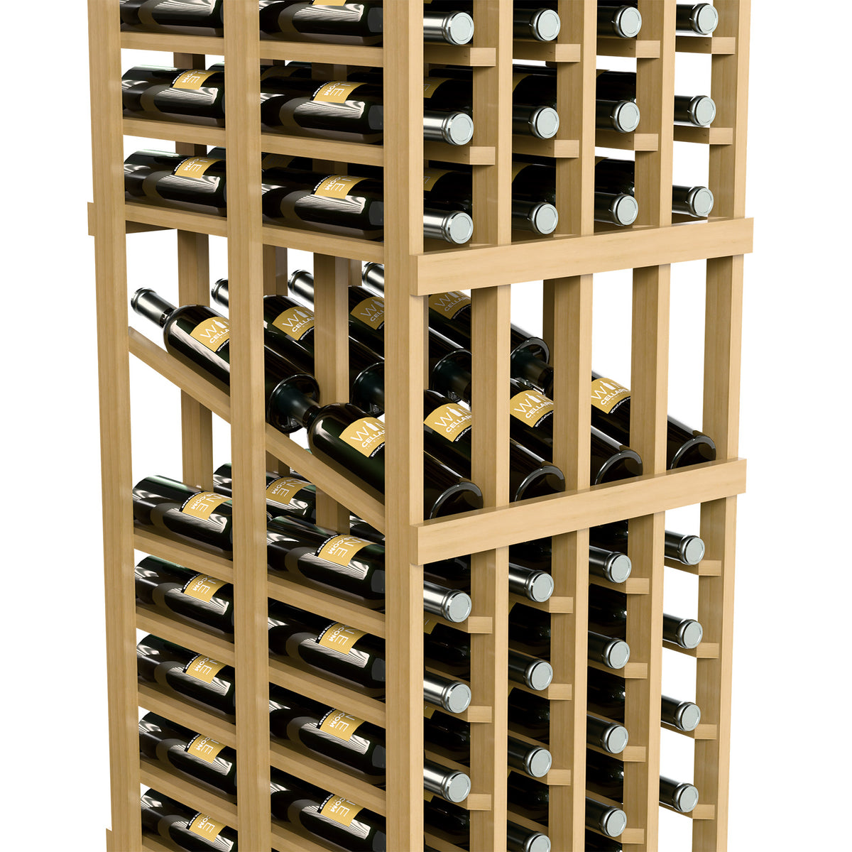 Light wood double-deep wine rack with bottle slots and caps facing outward, side view.