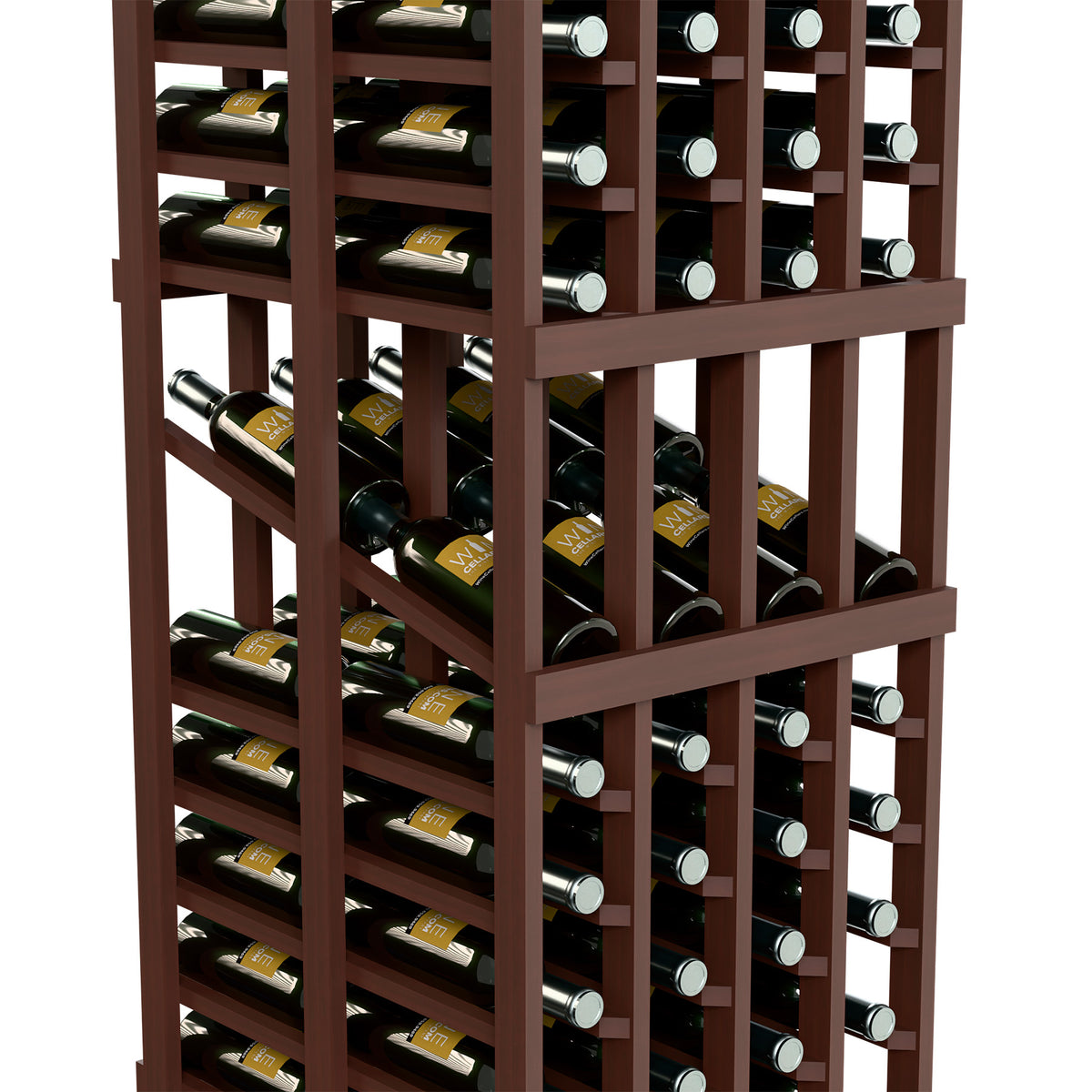 Dark wood wine rack with double-deep bottle storage and metal bottle caps, angled view.