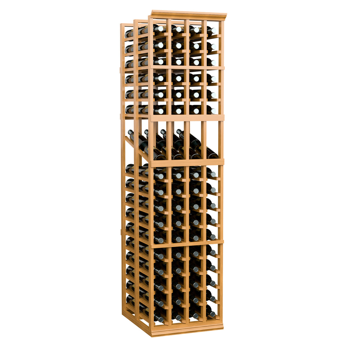 4-column double-deep wine display rack with bottle cubbies, light wood frame.