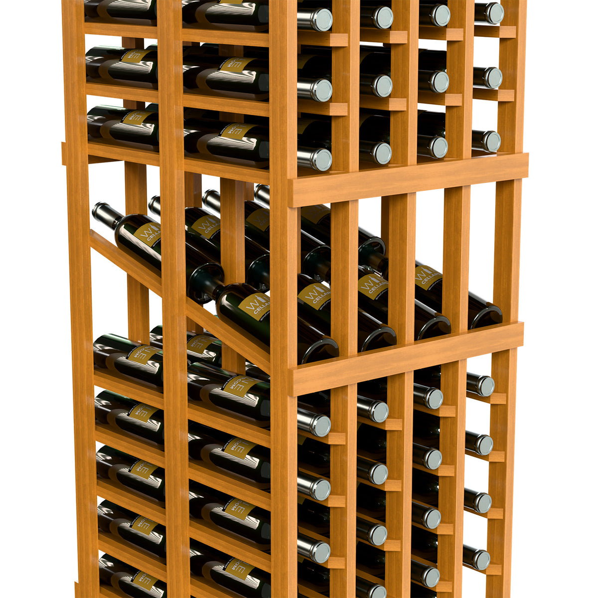 Close-up of light wood wine display rack with bottle cubbies and wine bottles.