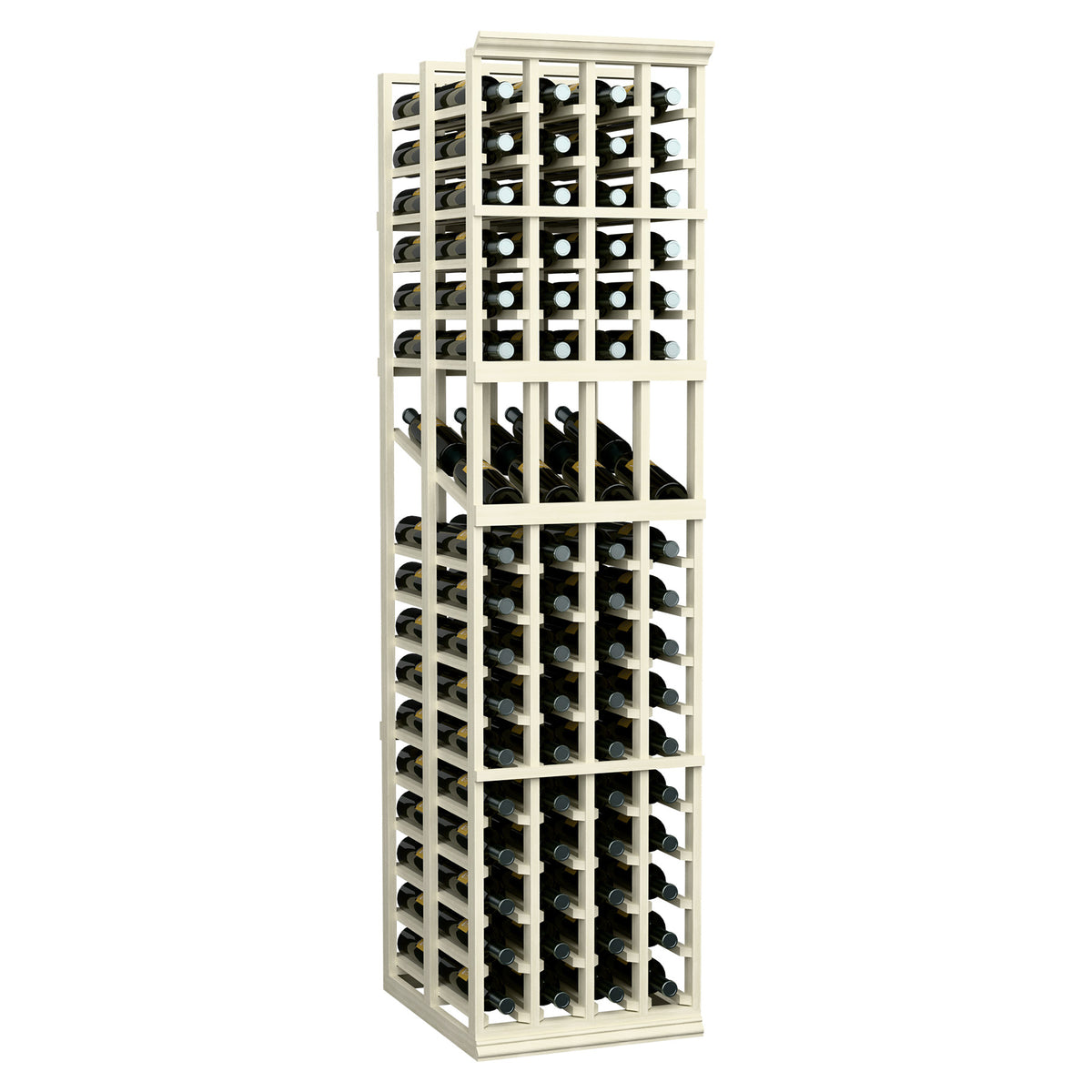 4-column double-deep wine display rack with bottle cubbies, white-painted wood frame.