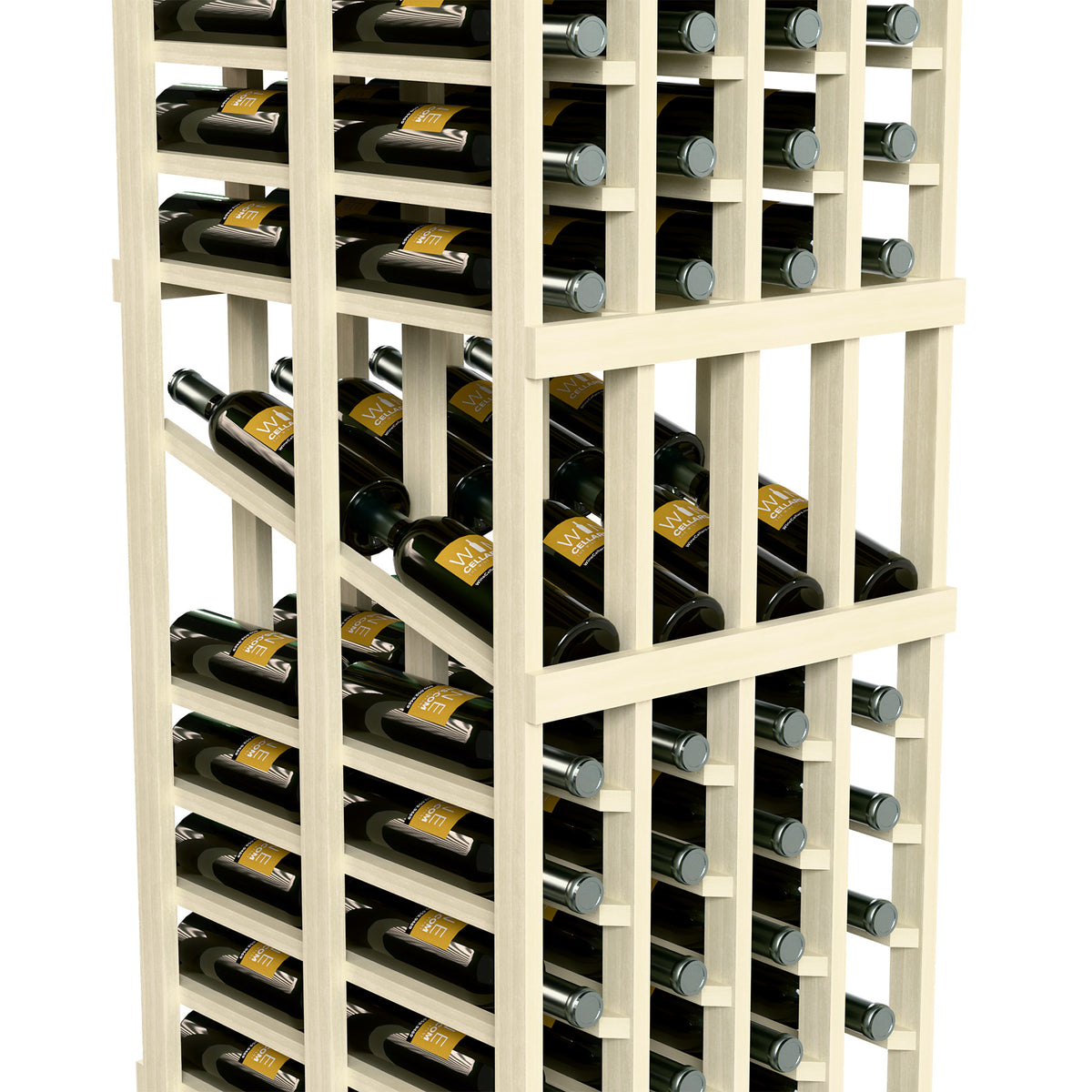 Close-up of white-painted wine display rack with bottle cubbies and bottle bases.