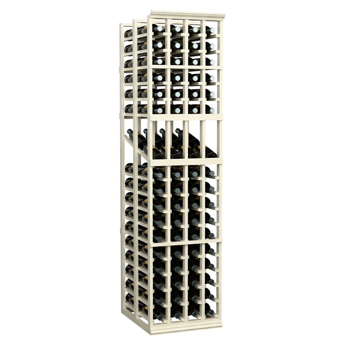4-column double-deep wine display rack with bottle cubbies, white-painted wood frame.