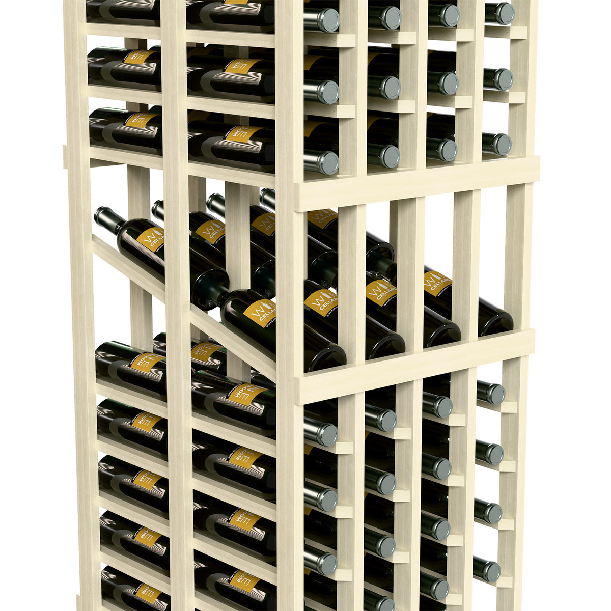 Close-up of white-painted wine display rack with front bottle cubbies and wine bottles.