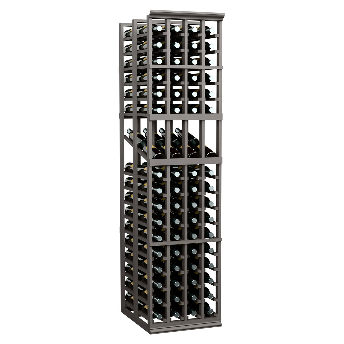 Wine display rack with dark gray frame and rows of bottles in grid slots