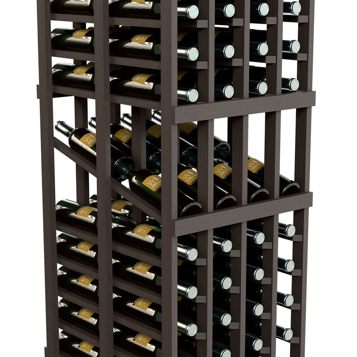 Dark gray wine display rack close-up with slatted shelves holding bottles and caps