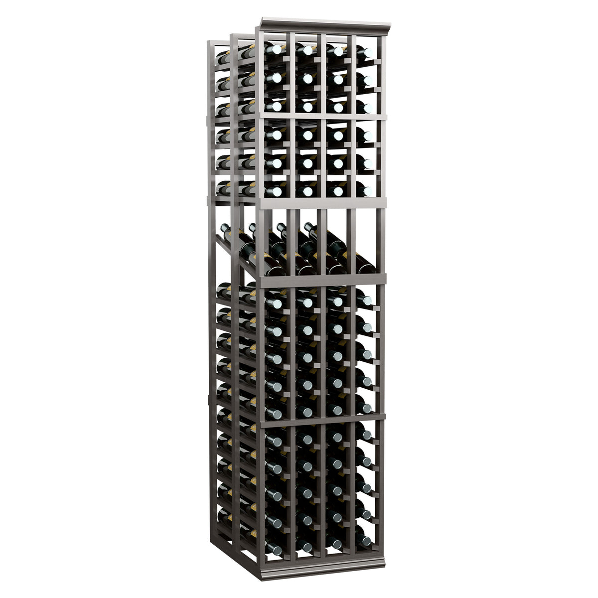 Wine display rack with dark gray lattice sides and multiple bottle rows in columns