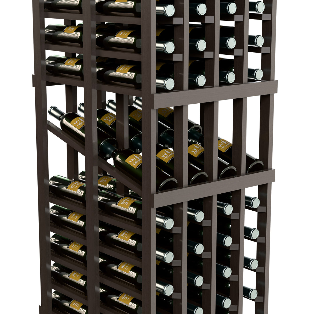 Dark gray wine display rack with front shelves and bottle compartments in a grid