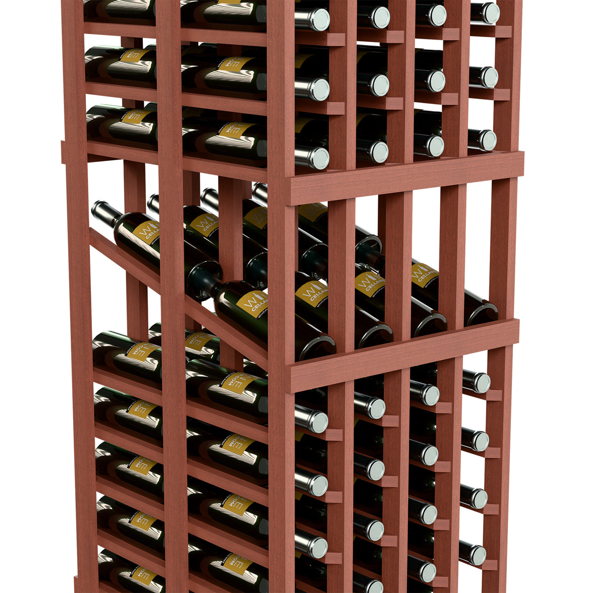 Reddish-brown wine display rack close-up with slats and bottle compartments