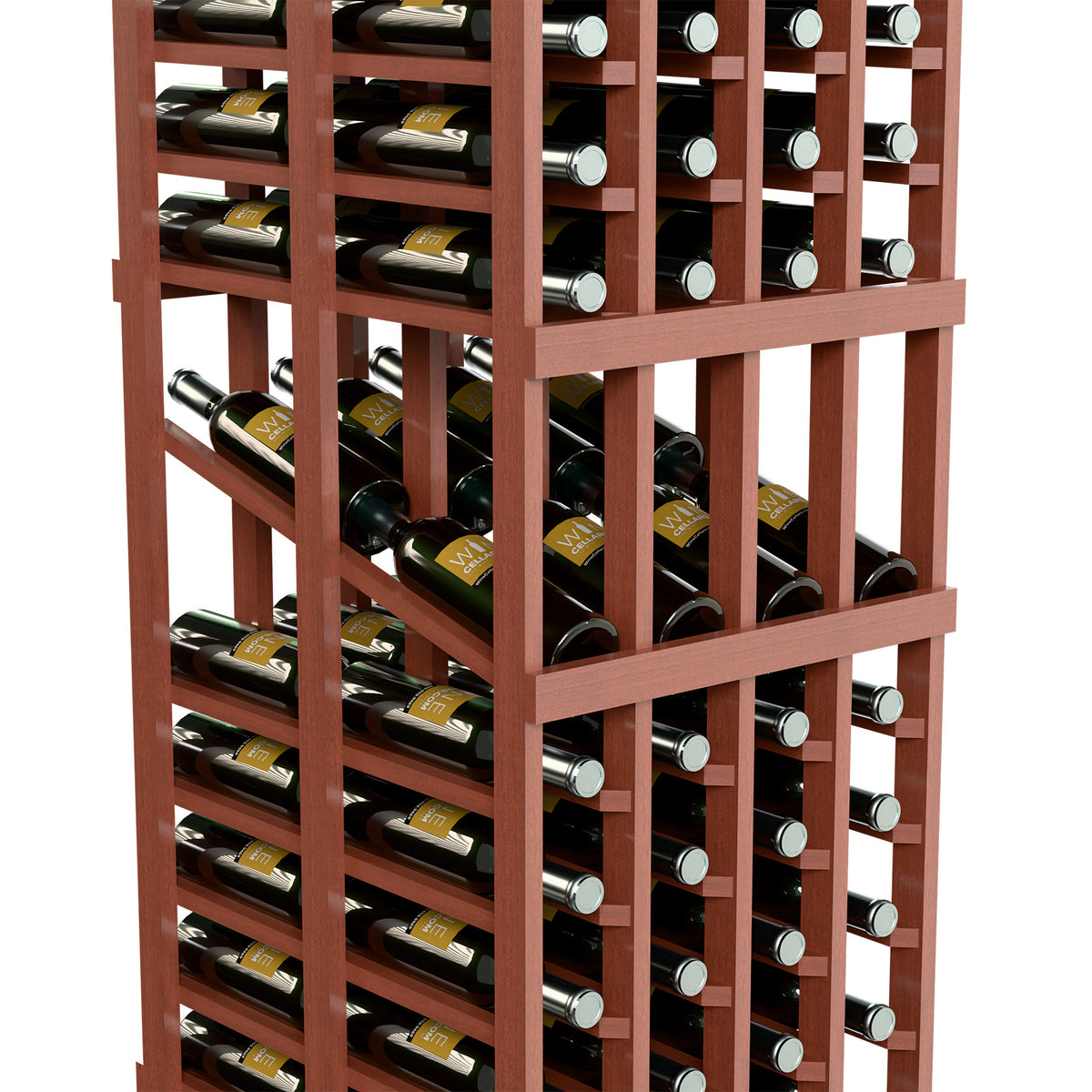 Reddish-brown wine display rack with front grid shelves and bottles in columns