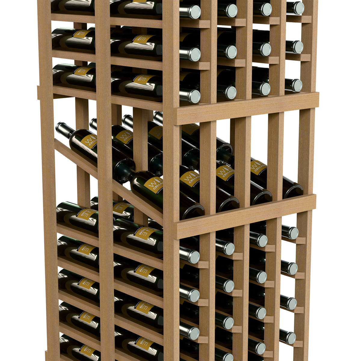 Light wood wine display rack close-up with slatted shelves holding wine bottles