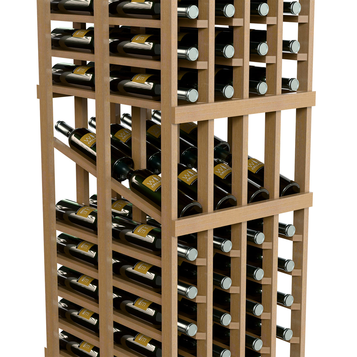 Close-up of wood wine display rack showing rows of stored wine bottles