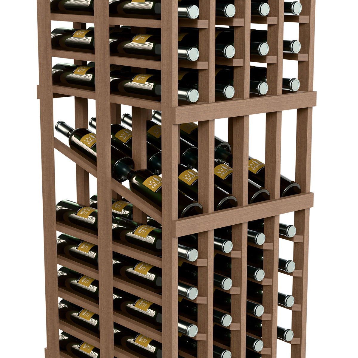 Close-up of wood wine rack with front and side rows of wine bottles