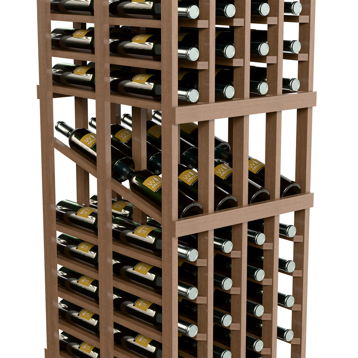 Close-up of wine display rack with light wood frame and multiple bottle rows