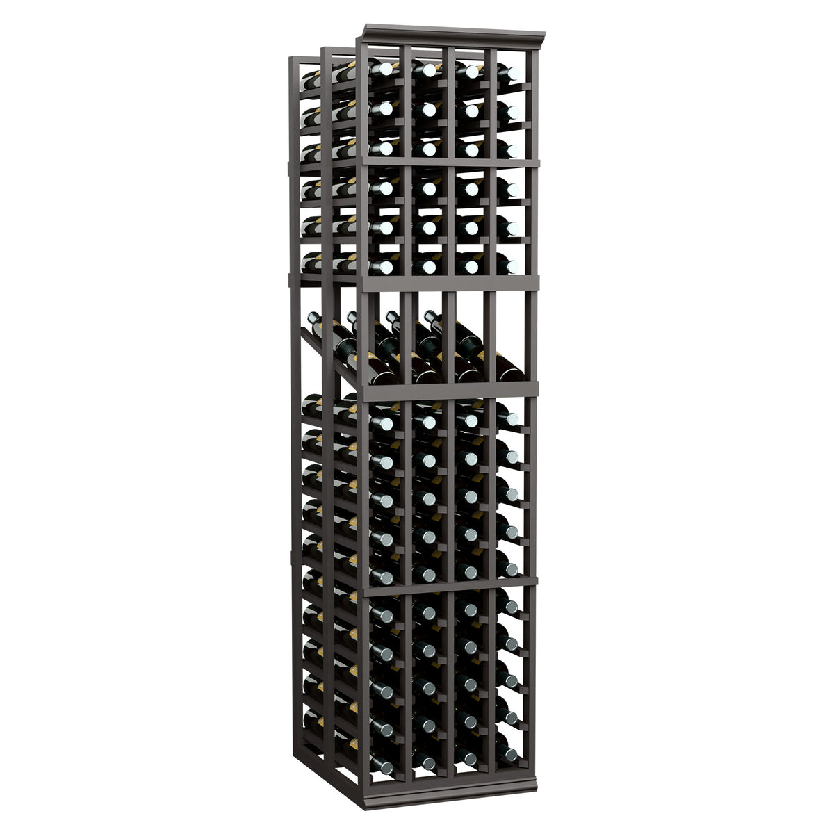 Tall black wine display rack with four columns of bottle storage
