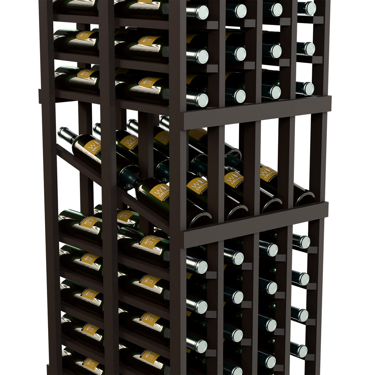 Close-up of black wine display rack showing rows of wine bottles