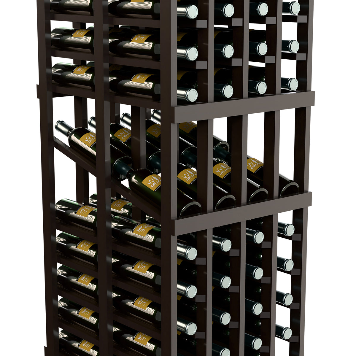 Close-up of black wine rack with stacked rows of wine bottles in slots