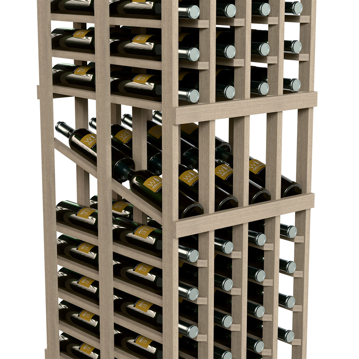 Double-deep wine rack with wine bottles in front slots and stainless-ring bottle collars