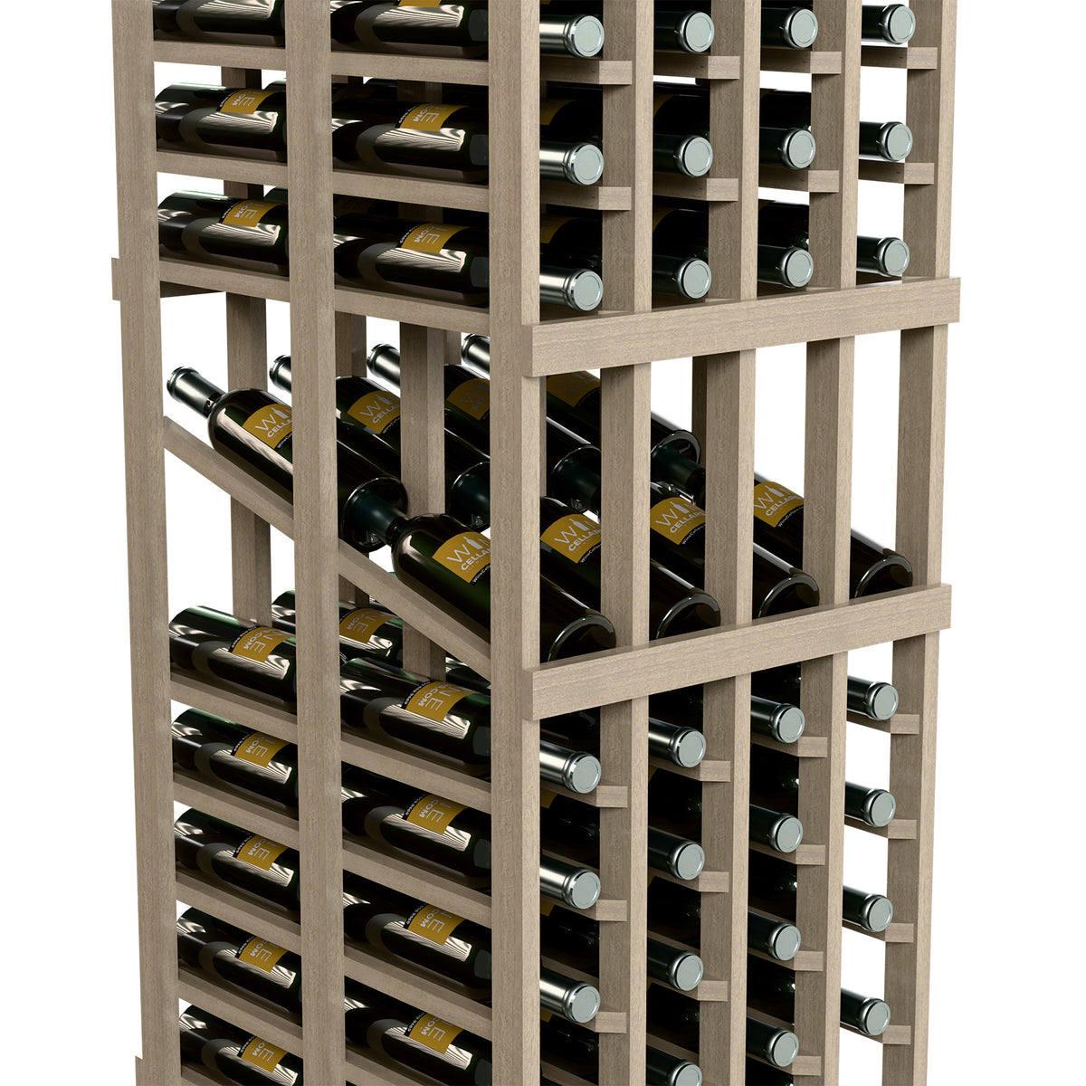 Close-up of double-deep wine rack showing bottle bottles, cradles, and metal collars