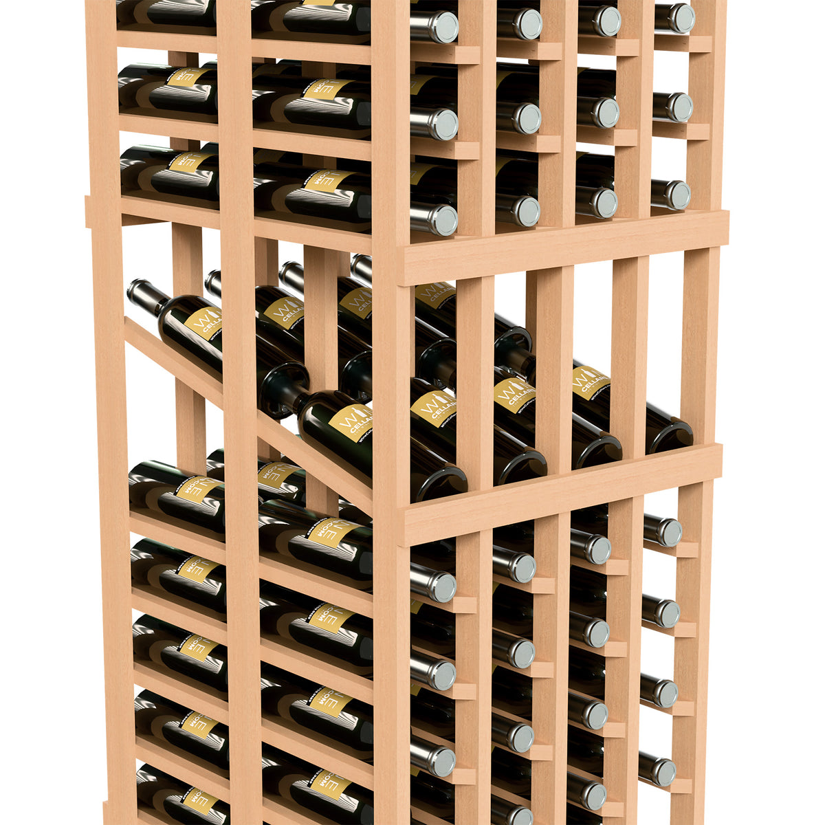 Double-deep wine rack in light wood with bottles stored in grid compartments