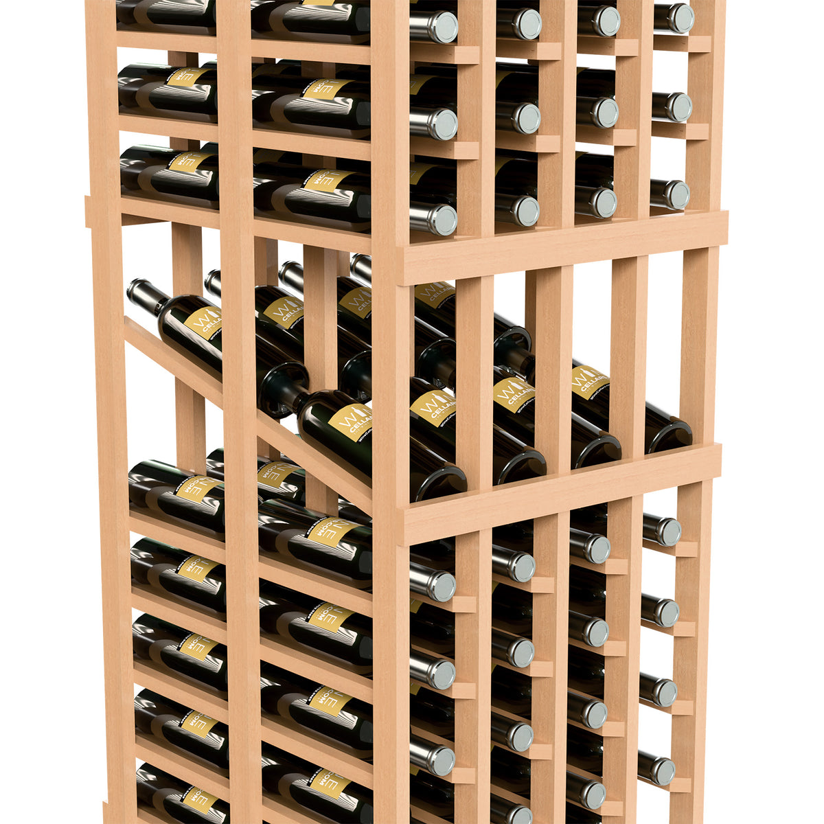 Close-up of light-wood double-deep wine rack with dark bottles and silver bottle rings