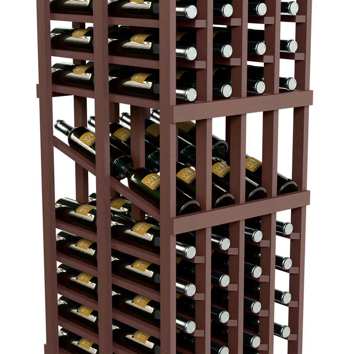 Close-up of dark wood double-deep wine rack with wine bottles in front-facing cells