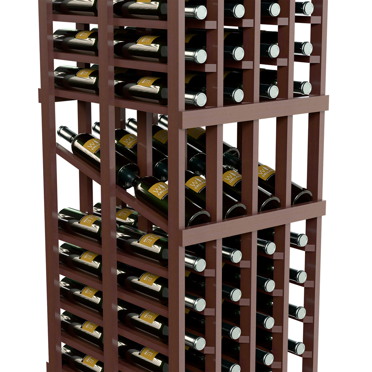 Dark wood wine rack with angled glass bottle storage and round silver labels