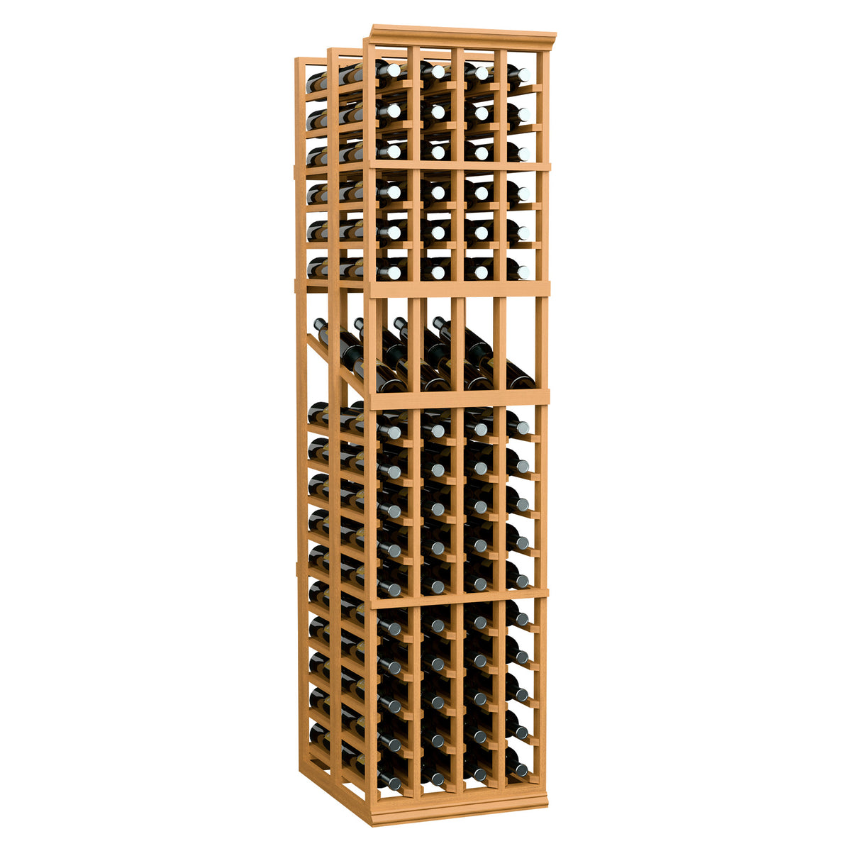 Light wood 4-column wine display rack with front bottle slots