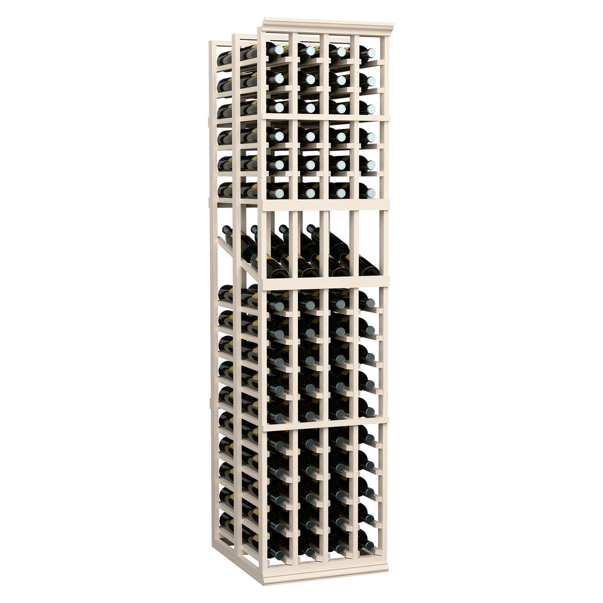 Whitewashed wood 4-column wine display rack with bottle storage squares