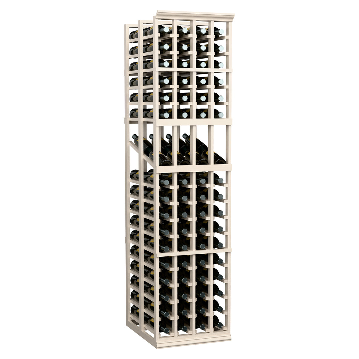 Whitewashed wood 4-column wine display rack with front bottle slots