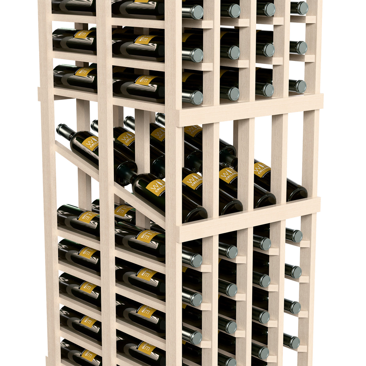 Whitewashed wood wine rack with stacked bottle compartments and silver bottle tops