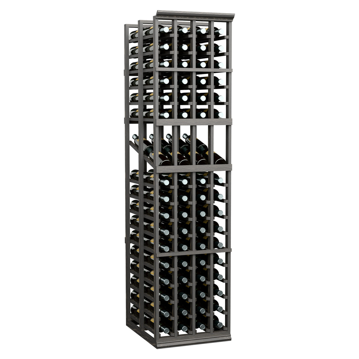 Dark wine display rack with four columns and bottle openings, double-deep design